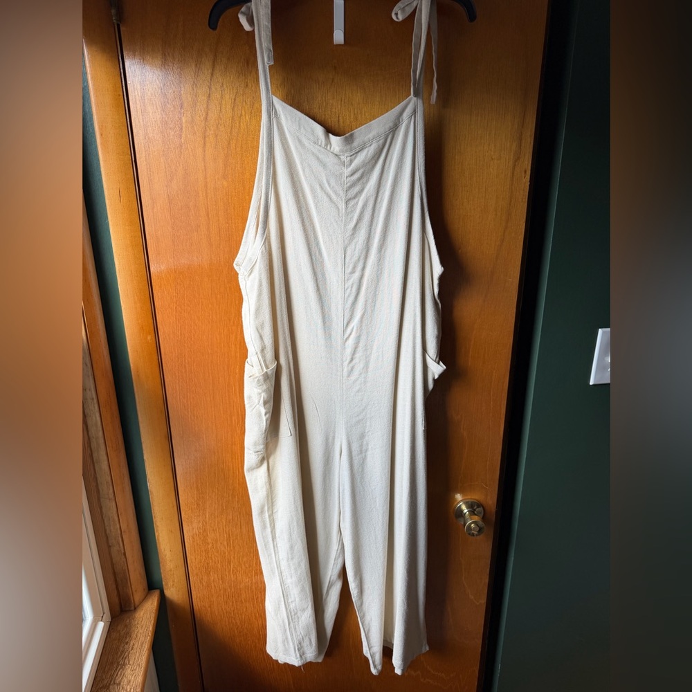 Cream Tie-Strap Wide Leg Linen Jumpsuit